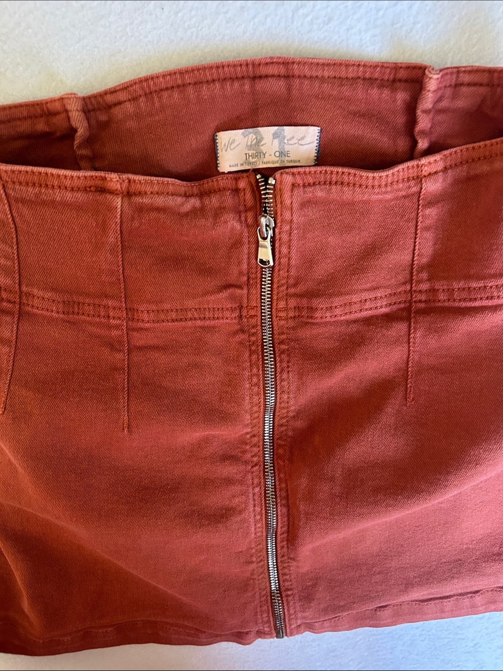 We The Free High-Rise Rust Red Denim Skirt with Front Zip